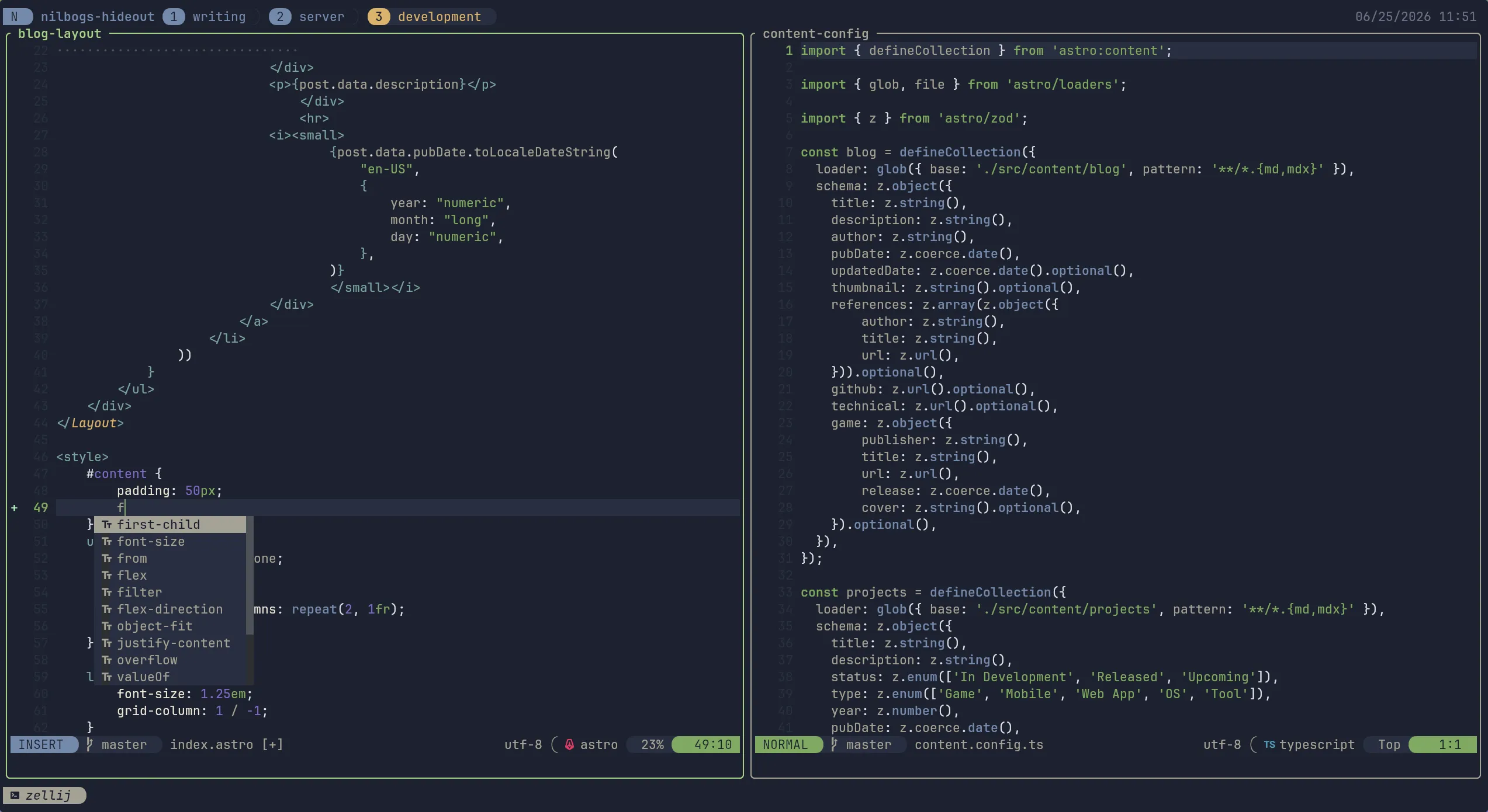 A Kitty terminal running Neovim inside Zellij